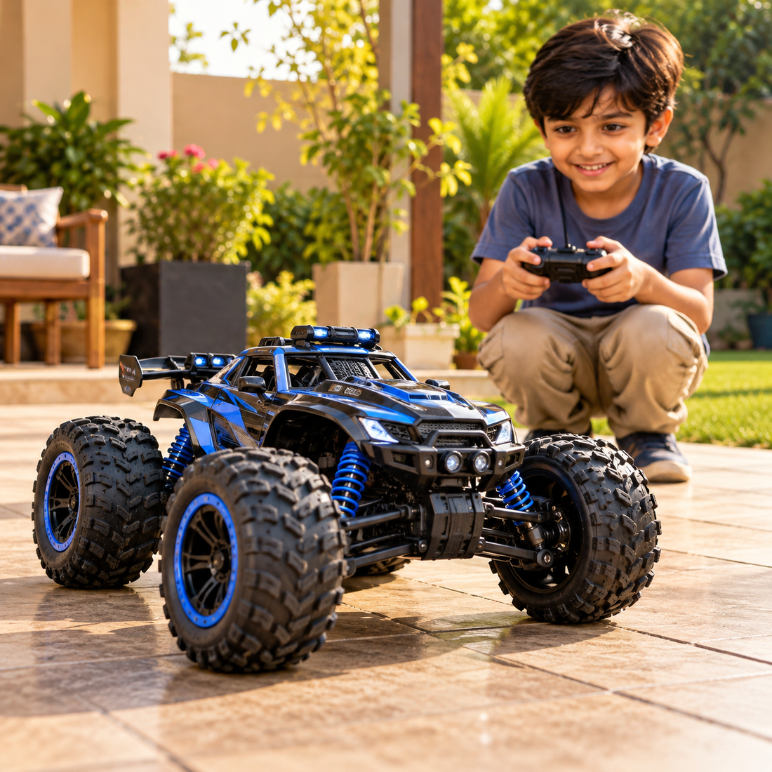 Child playing with a remote control monster truck outdoors