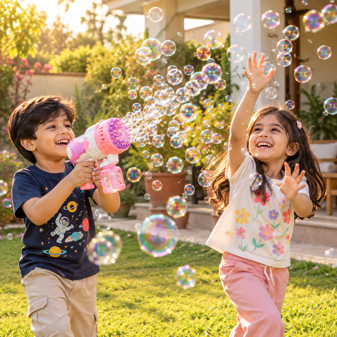 Children playing outdoors with a bubble blaster and floating bubbles