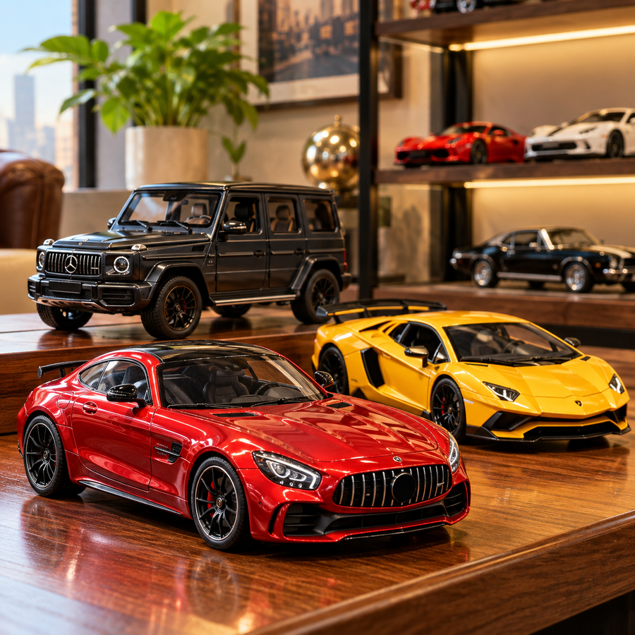 Diecast model cars displayed on a collector's table