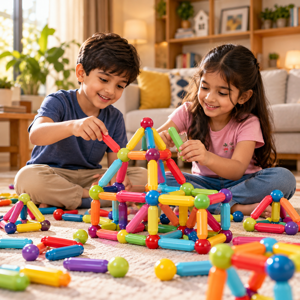 Children building colorful structures with magnetic construction pieces