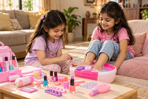 Children enjoying pretend spa play with a toy foot spa and nail accessories