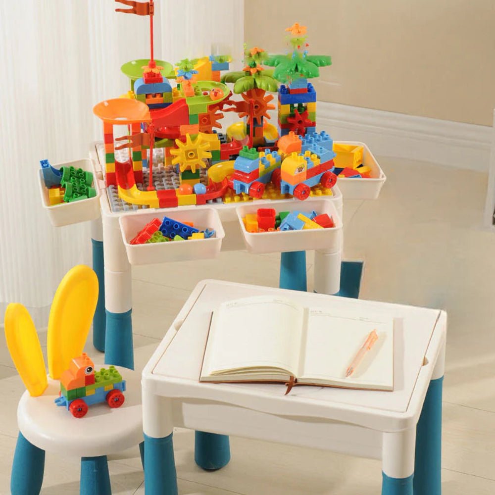 6 - in - 1 Multifunctional Dinosaur Block Table with Ball Track – 104 Pcs - KiddieWink - Gifts They'll Love