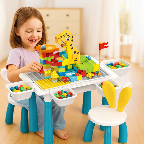 6-in-1 Multifunctional Dinosaur Block Table with Ball Track – 104 Pcs
