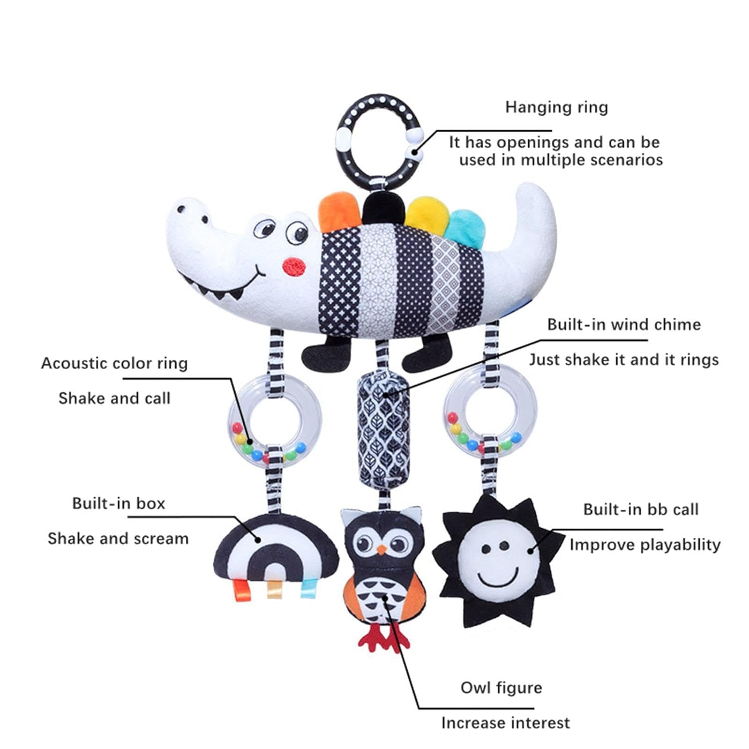Montessori Baby Black And White Crocodile Stroller Toy - KiddieWink - Gifts They'll Love