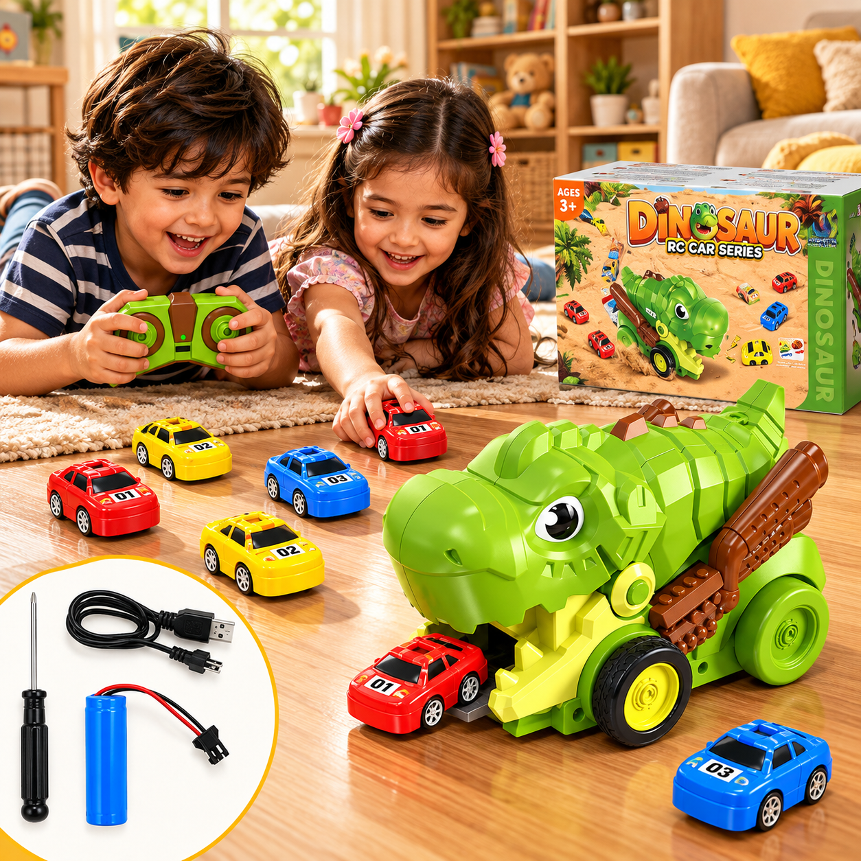 Dinosaur RC Car Launcher Truck with Remote Control & Magnetic Mini Cars