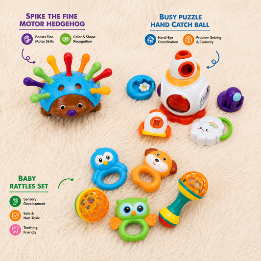 Montessori Hedgehog Game & 6 In 1 Activity Cube & Sensory Colorful Rattle Set