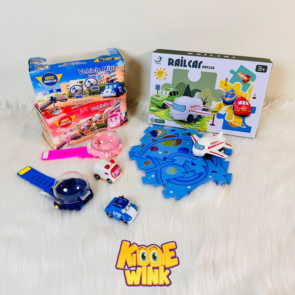 Puzzle Racer Track Car & Mini RC Wrist Watch Car Pack For Kids