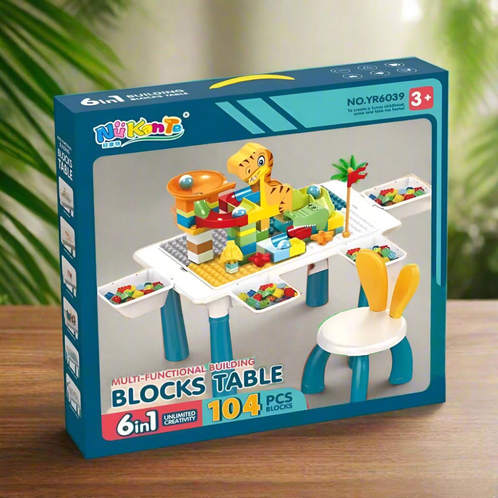 6 - in - 1 Multifunctional Dinosaur Block Table with Ball Track – 104 Pcs - KiddieWink - Gifts They'll Love