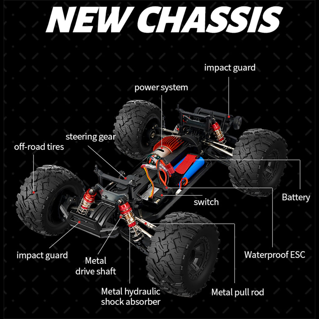 Monster RC truck chassis and shock absorbers