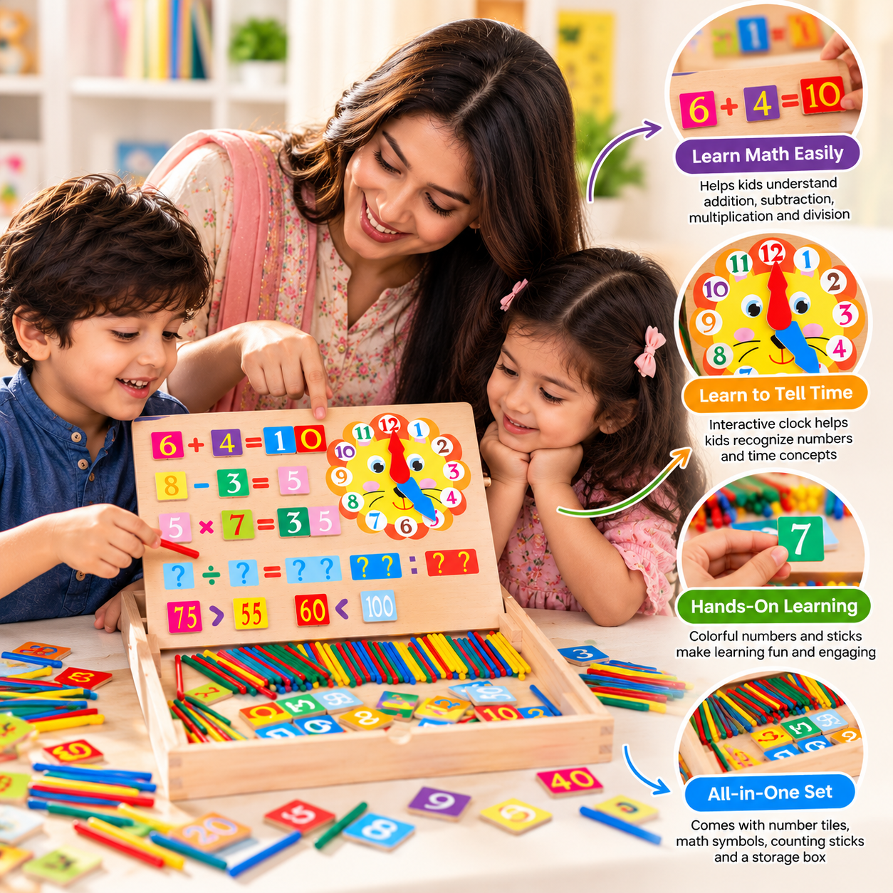 3-in-1 Montessori Math & Clock Learning Activity Board