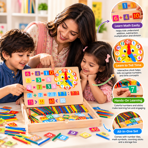 3-in-1 Montessori Math & Clock Learning Activity Board