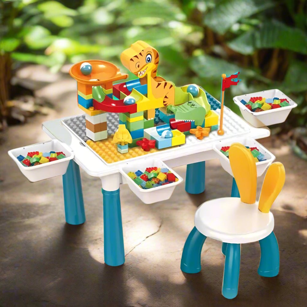 6 - in - 1 Multifunctional Dinosaur Block Table with Ball Track – 104 Pcs - KiddieWink - Gifts They'll Love