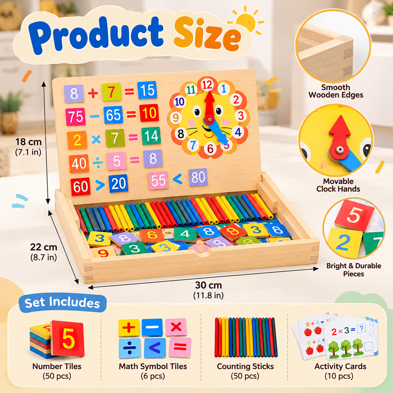 3-in-1 Montessori Math & Clock Learning Activity Board