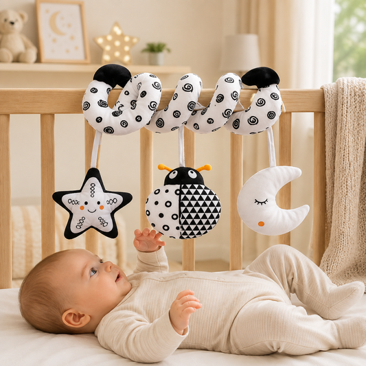 Black & White Spiral Crib Activity Toy – High Contrast Baby Sensory Toy