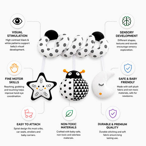 Black & White Spiral Crib Activity Toy – High Contrast Baby Sensory Toy