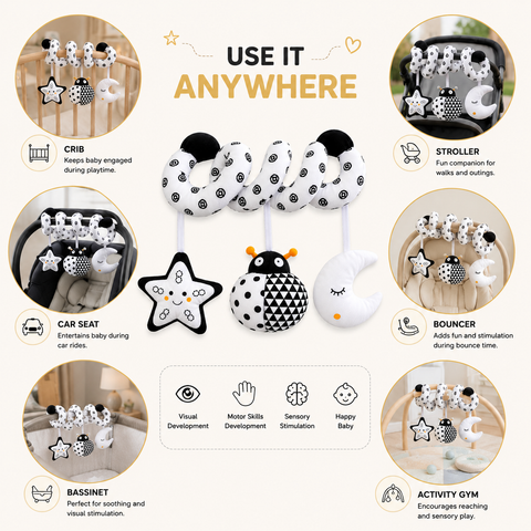 Black & White Spiral Crib Activity Toy – High Contrast Baby Sensory Toy