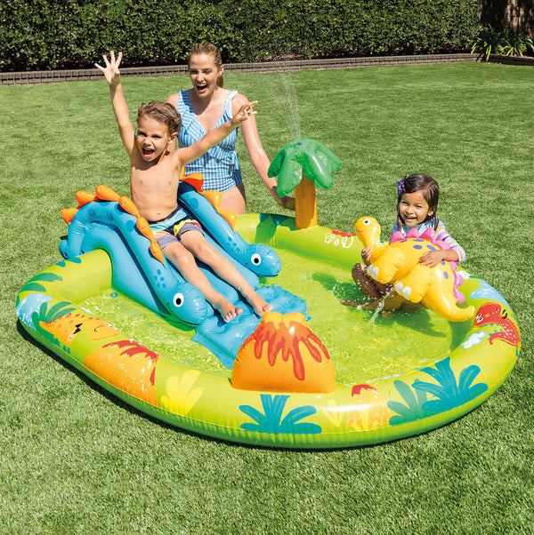 KiddieWink™ Inflatable Little Dino Swimming Pool with Slide & Shower