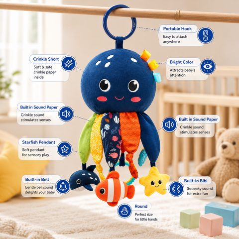 Baby Sensory Octopus Hanging Toy – Crinkle, Rattle & Teether
