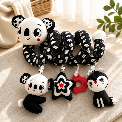 Black & White Spiral Crib Activity Toy – High Contrast Baby Sensory Toy