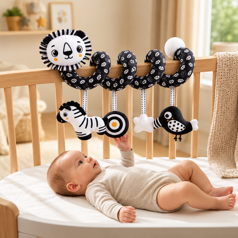 Black & White Spiral Crib Activity Toy – High Contrast Baby Sensory Toy