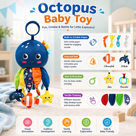 Baby Sensory Octopus Hanging Toy – Crinkle, Rattle & Teether