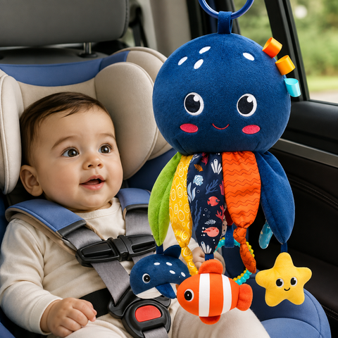 Baby Sensory Octopus Hanging Toy – Crinkle, Rattle & Teether