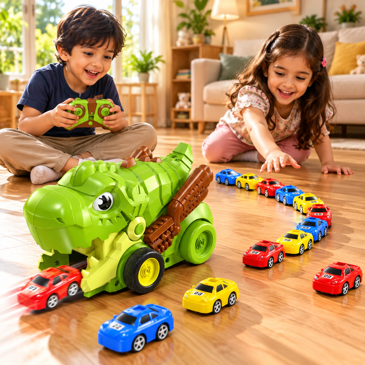 Dinosaur RC Car Launcher Truck with Remote Control & Magnetic Mini Cars