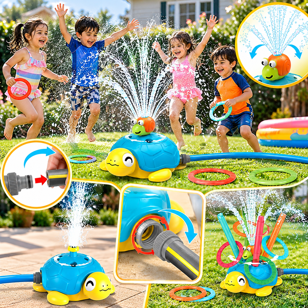 4-in-1 Turtle Water Sprinkler Toy – Ring Toss & Baseball Game for Kids
