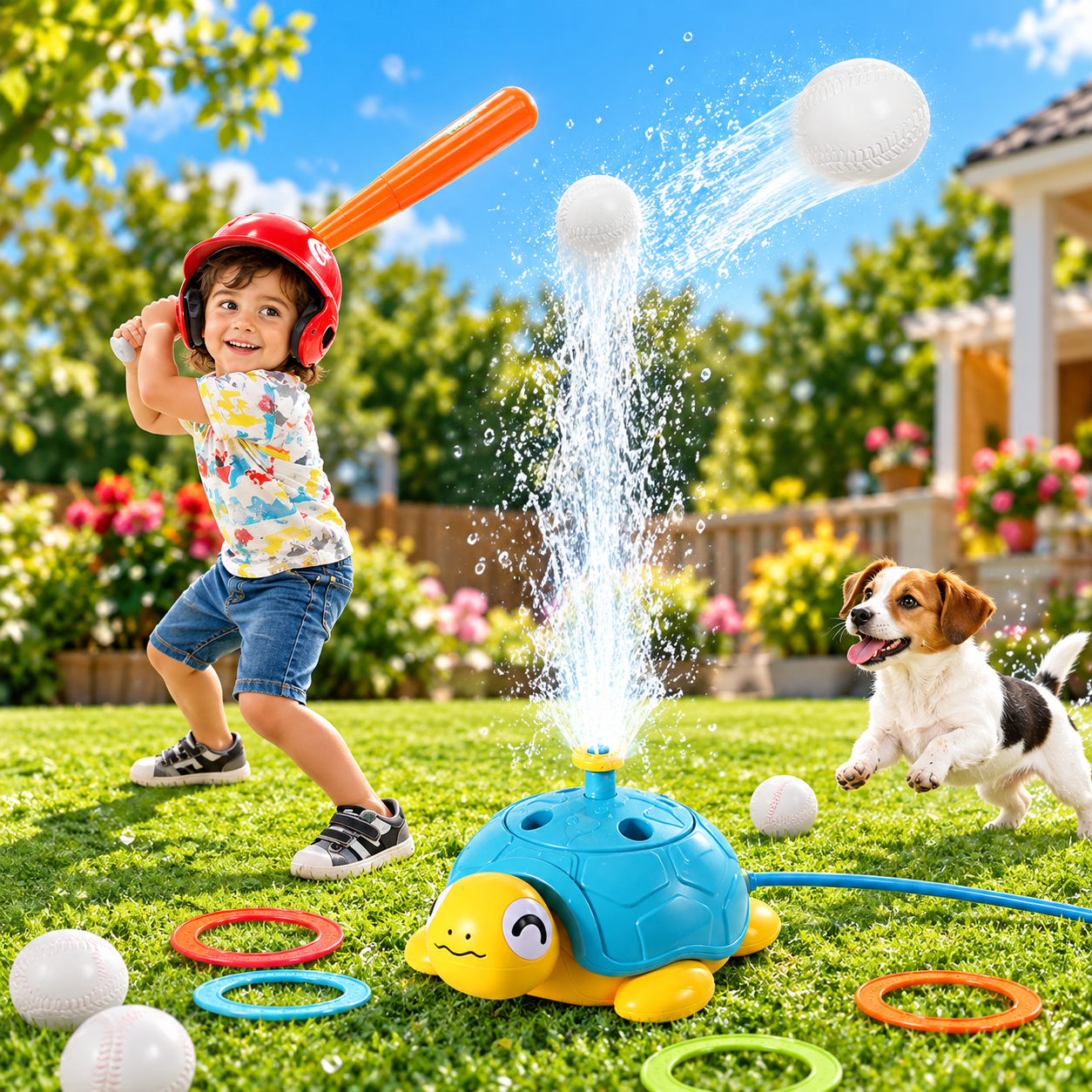4-in-1 Turtle Water Sprinkler Toy – Ring Toss & Baseball Game for Kids