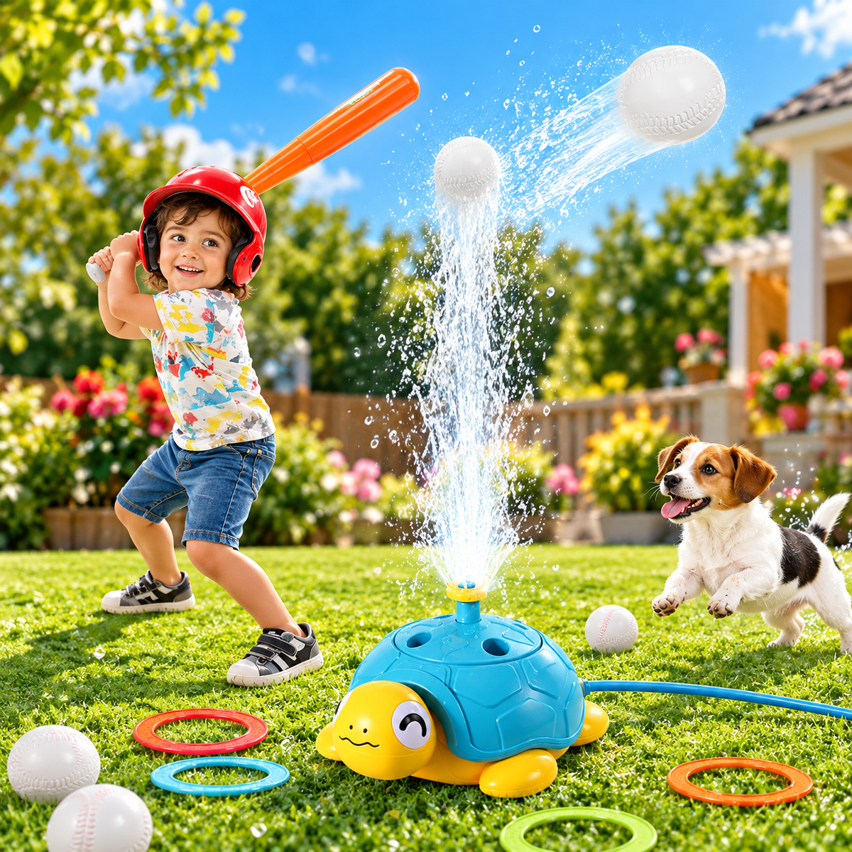 4-in-1 Turtle Water Sprinkler Toy – Ring Toss & Baseball Game for Kids