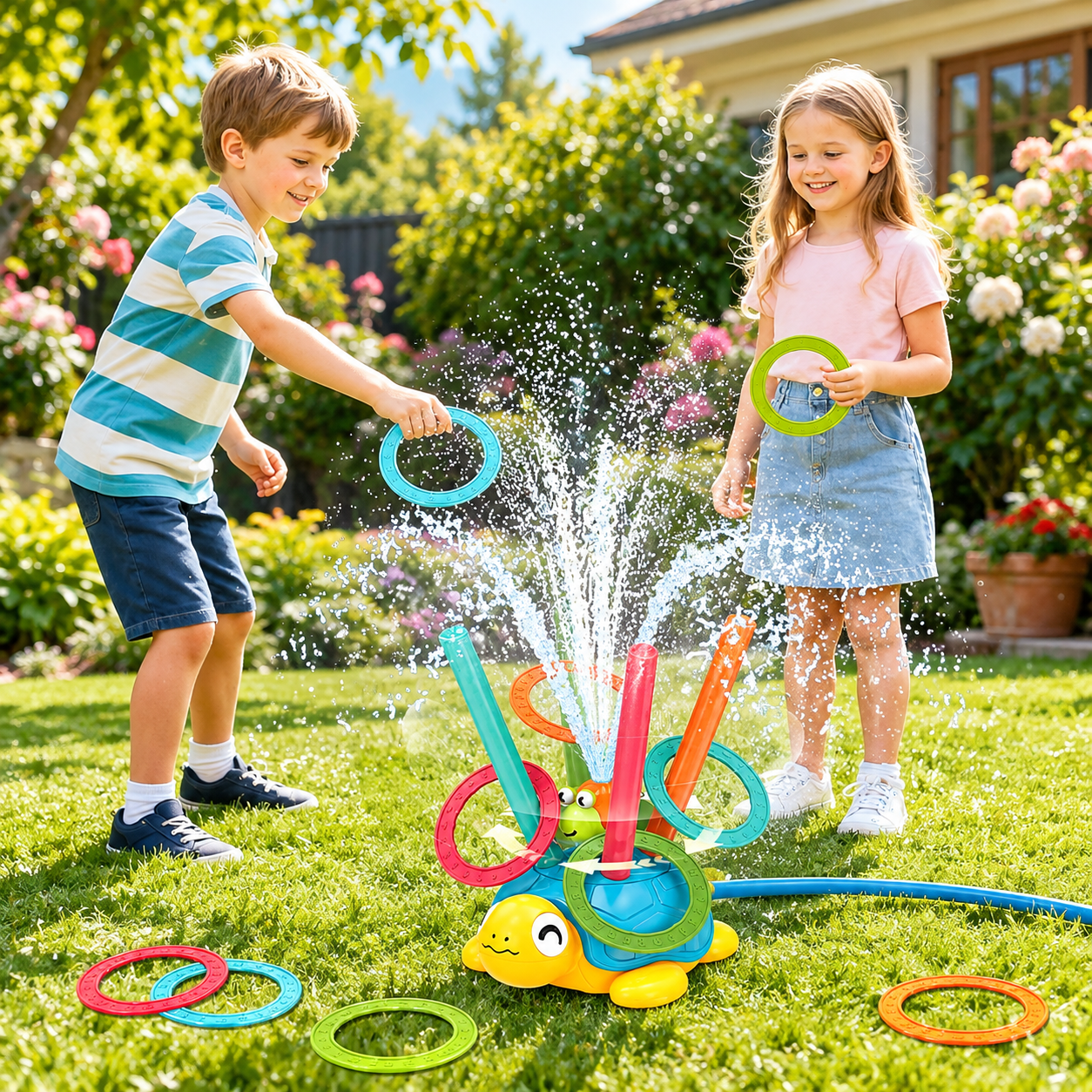 4-in-1 Turtle Water Sprinkler Toy – Ring Toss & Baseball Game for Kids
