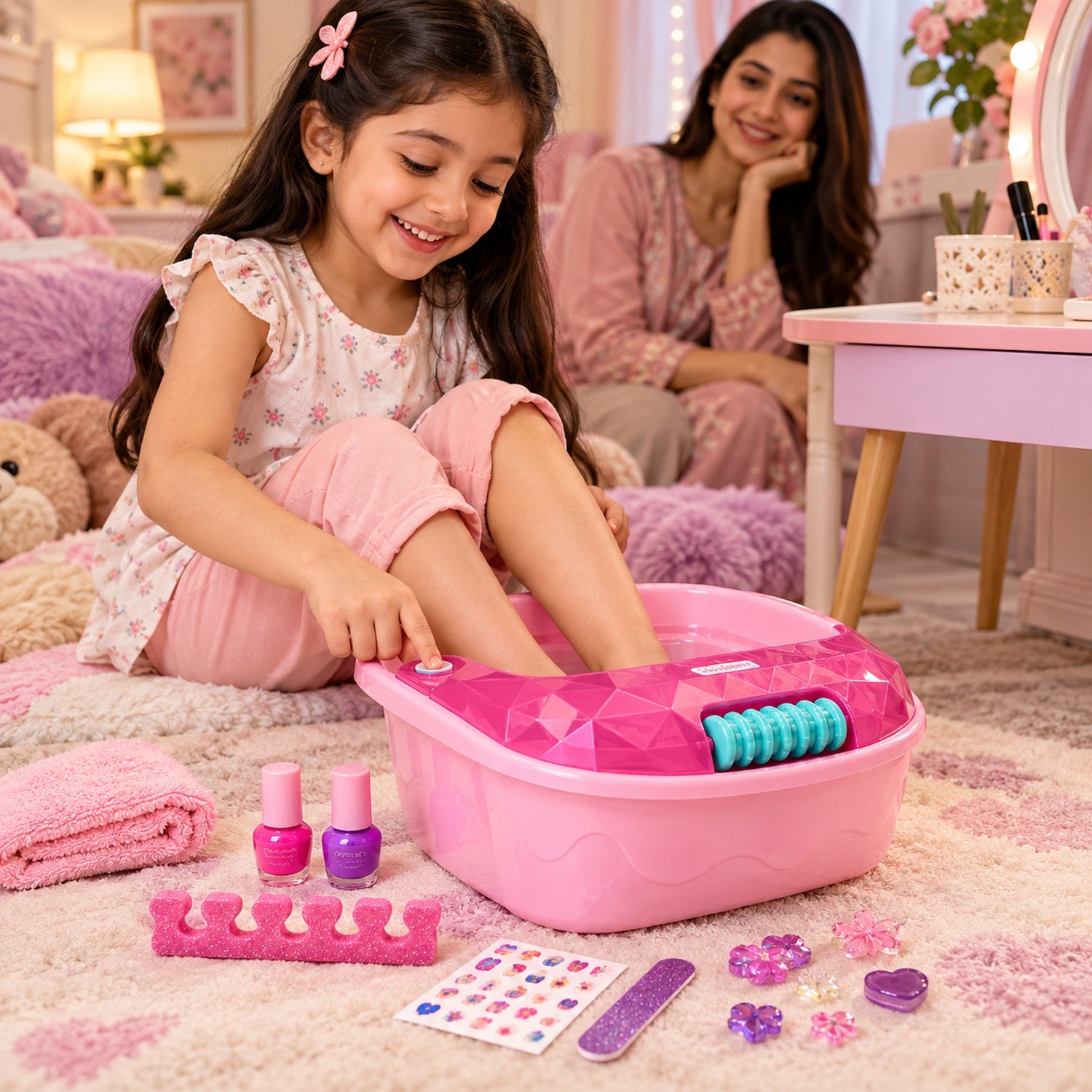 Girl enjoying pink kids foot spa massager and nail art accessories during pretend spa play