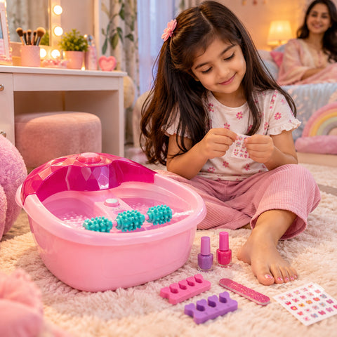 Child using a pink foot spa toy while exploring nail stickers and manicure accessories