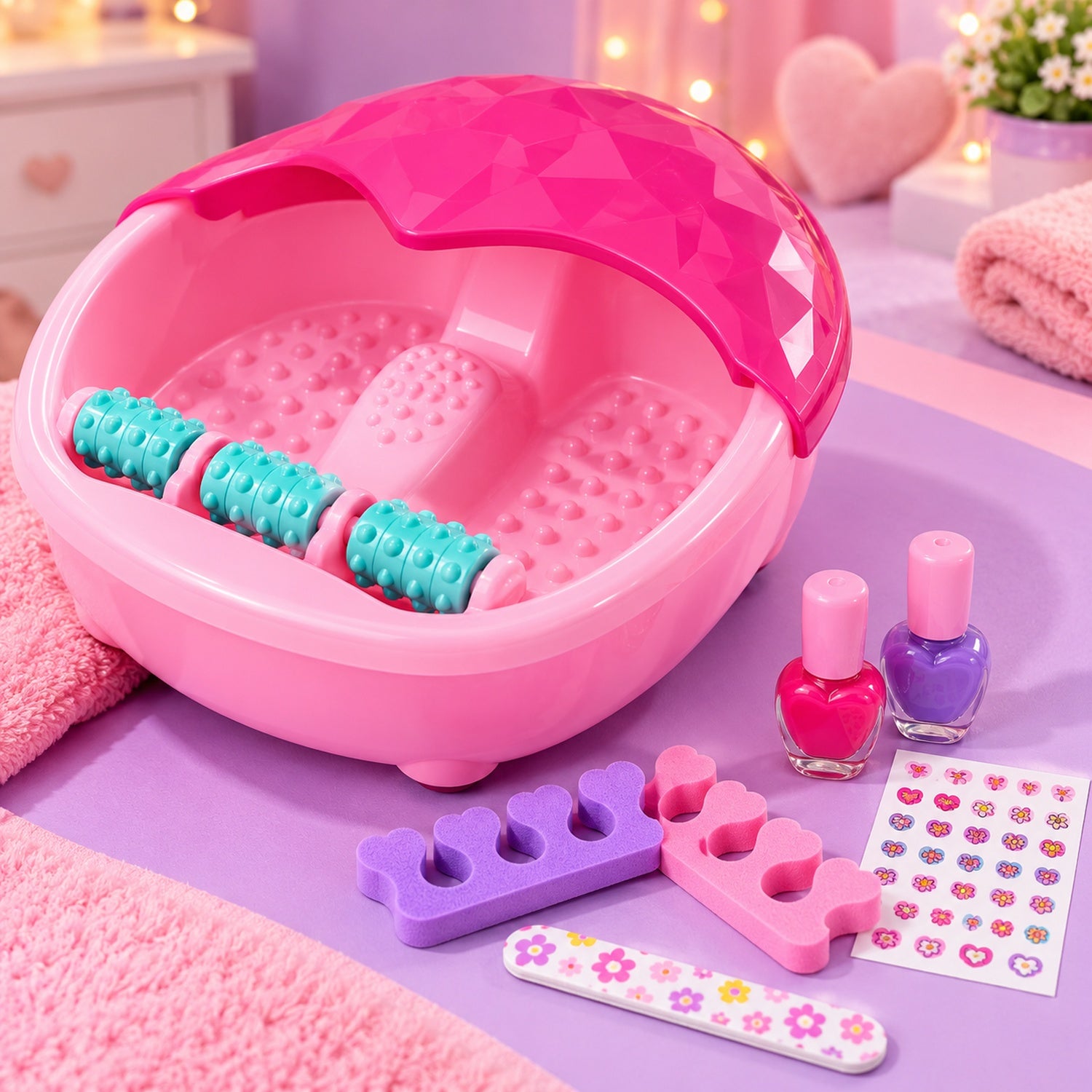 Pink kids foot spa basin with aqua massage roller, nail polish, toe separators, stickers and nail file