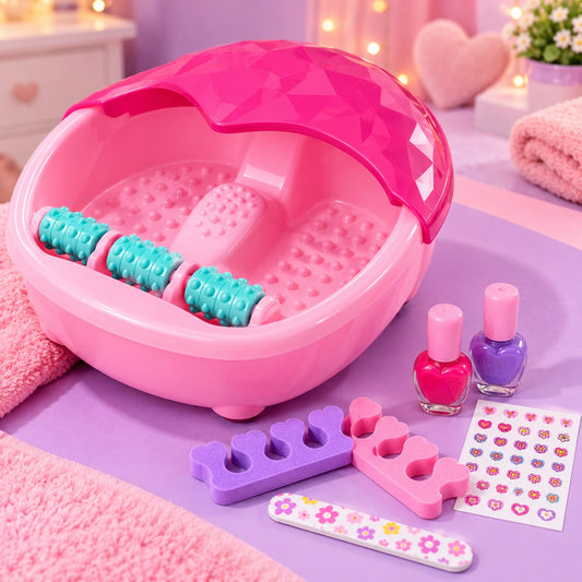Pink kids foot spa basin with aqua massage roller, nail polish, toe separators, stickers and nail file