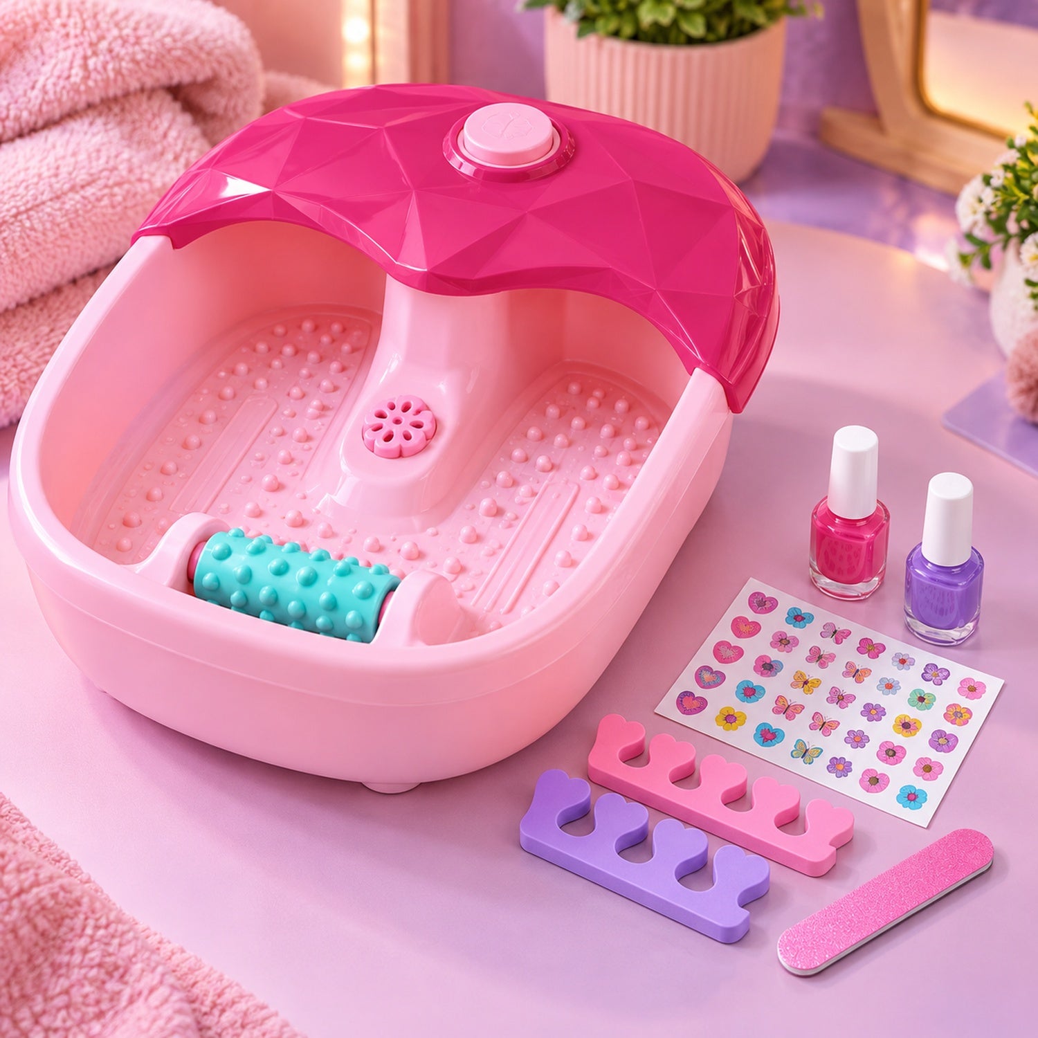 Close-up of pink toy foot spa with aqua roller and included pretend nail art accessories