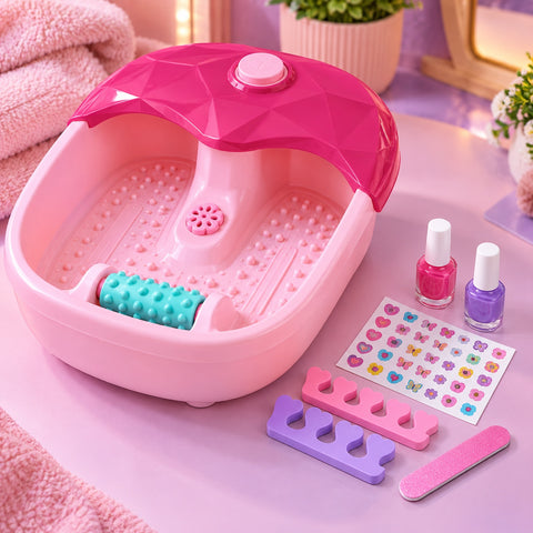Close-up of pink toy foot spa with aqua roller and included pretend nail art accessories