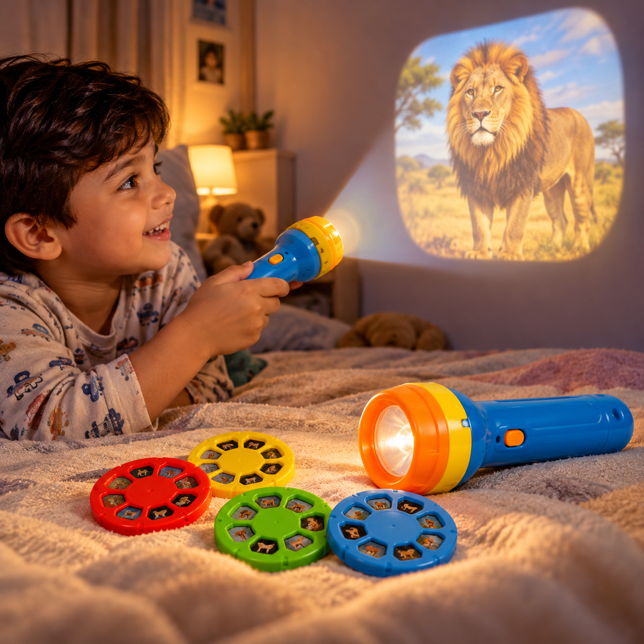 Child using a projector flashlight to project animal pictures at bedtime with interchangeable discs
