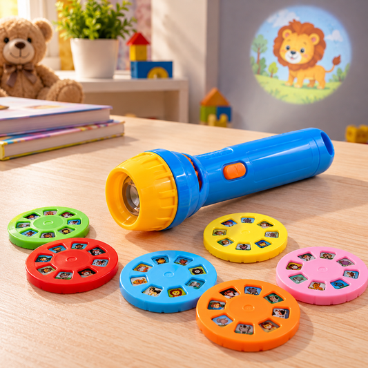 Blue and yellow kids projector flashlight with colorful interchangeable animal projection discs